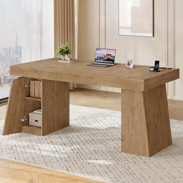 Alt view image 6 of 6 - 55.9 in Executive Desk with Power Outlets, Modern Home Office Desk with Storage Cabinet, Wood Computer Desk Business Workstation Desk Conference Table, Oak (Storage Cabinet)