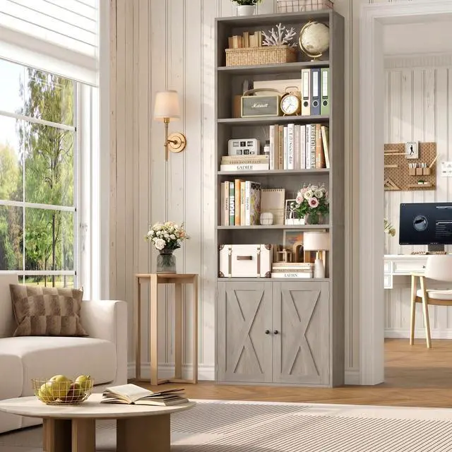 Main image of 82" Tall Bookcase and Book Shelf, 24" Wide Bookshelf with Doors, 7 Tier Bookcase with Storage and Adjustable Shelf, Open and Display Farmhouse Bookshelf for Living Room, Home Office, Gray
