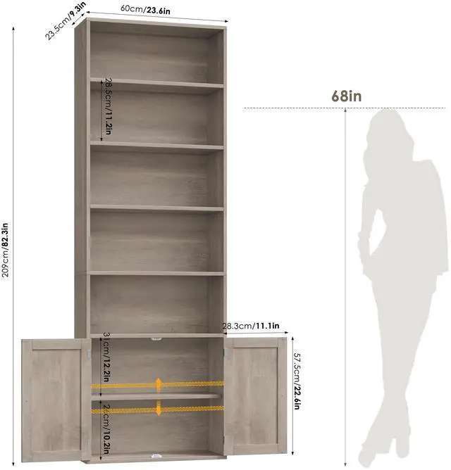 Alt view image 2 of 6 - 82" Tall Bookcase and Book Shelf, 24" Wide Bookshelf with Doors, 7 Tier Bookcase with Storage and Adjustable Shelf, Open and Display Farmhouse Bookshelf for Living Room, Home Office, Gray