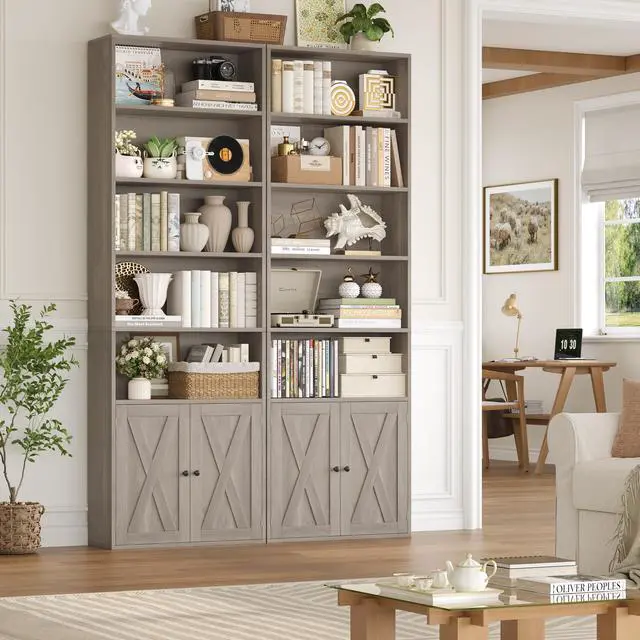 Alt view image 3 of 6 - 82" Tall Bookcase and Book Shelf, 24" Wide Bookshelf with Doors, 7 Tier Bookcase with Storage and Adjustable Shelf, Open and Display Farmhouse Bookshelf for Living Room, Home Office, Gray