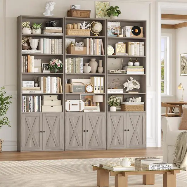 Alt view image 4 of 6 - 82" Tall Bookcase and Book Shelf, 24" Wide Bookshelf with Doors, 7 Tier Bookcase with Storage and Adjustable Shelf, Open and Display Farmhouse Bookshelf for Living Room, Home Office, Gray