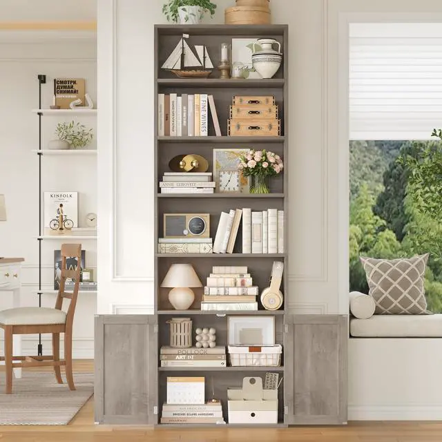 Alt view image 5 of 6 - 82" Tall Bookcase and Book Shelf, 24" Wide Bookshelf with Doors, 7 Tier Bookcase with Storage and Adjustable Shelf, Open and Display Farmhouse Bookshelf for Living Room, Home Office, Gray