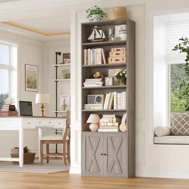 Alt view image 6 of 6 - 82" Tall Bookcase and Book Shelf, 24" Wide Bookshelf with Doors, 7 Tier Bookcase with Storage and Adjustable Shelf, Open and Display Farmhouse Bookshelf for Living Room, Home Office, Gray