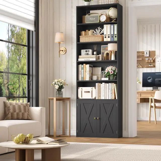 Main image of 82" Tall Bookcase and Book Shelf, 24" Wide Bookshelf with Doors, 7 Tier Bookcase with Storage and Adjustable Shelf, Open and Display Farmhouse Bookshelf for Living Room, Home Office, Black