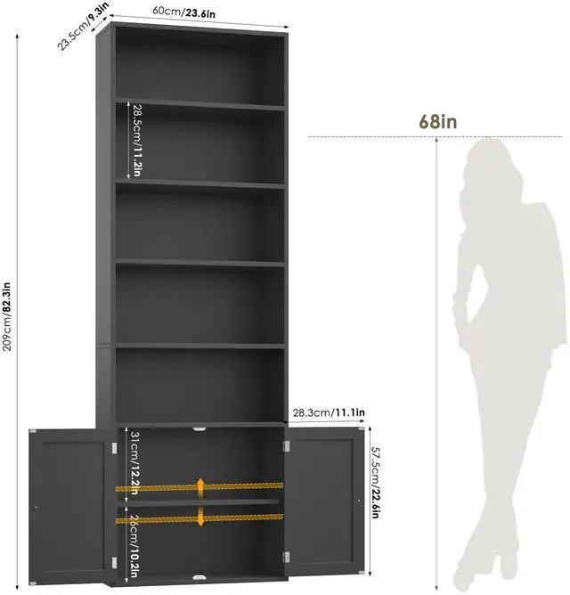 Alt view image 2 of 6 - 82" Tall Bookcase and Book Shelf, 24" Wide Bookshelf with Doors, 7 Tier Bookcase with Storage and Adjustable Shelf, Open and Display Farmhouse Bookshelf for Living Room, Home Office, Black