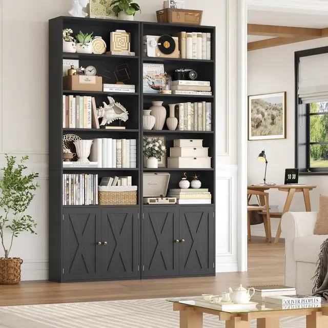 Alt view image 3 of 6 - 82" Tall Bookcase and Book Shelf, 24" Wide Bookshelf with Doors, 7 Tier Bookcase with Storage and Adjustable Shelf, Open and Display Farmhouse Bookshelf for Living Room, Home Office, Black