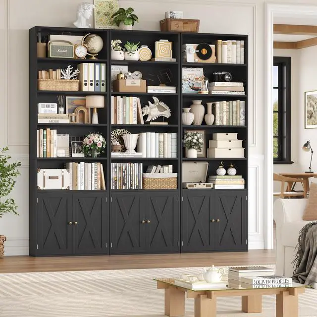 Alt view image 4 of 6 - 82" Tall Bookcase and Book Shelf, 24" Wide Bookshelf with Doors, 7 Tier Bookcase with Storage and Adjustable Shelf, Open and Display Farmhouse Bookshelf for Living Room, Home Office, Black