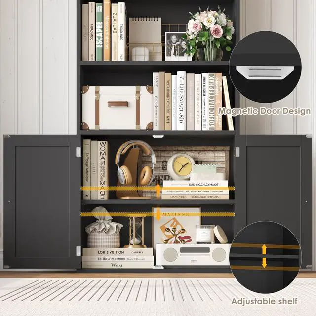 Alt view image 5 of 6 - 82" Tall Bookcase and Book Shelf, 24" Wide Bookshelf with Doors, 7 Tier Bookcase with Storage and Adjustable Shelf, Open and Display Farmhouse Bookshelf for Living Room, Home Office, Black