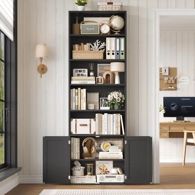 Alt view image 6 of 6 - 82" Tall Bookcase and Book Shelf, 24" Wide Bookshelf with Doors, 7 Tier Bookcase with Storage and Adjustable Shelf, Open and Display Farmhouse Bookshelf for Living Room, Home Office, Black