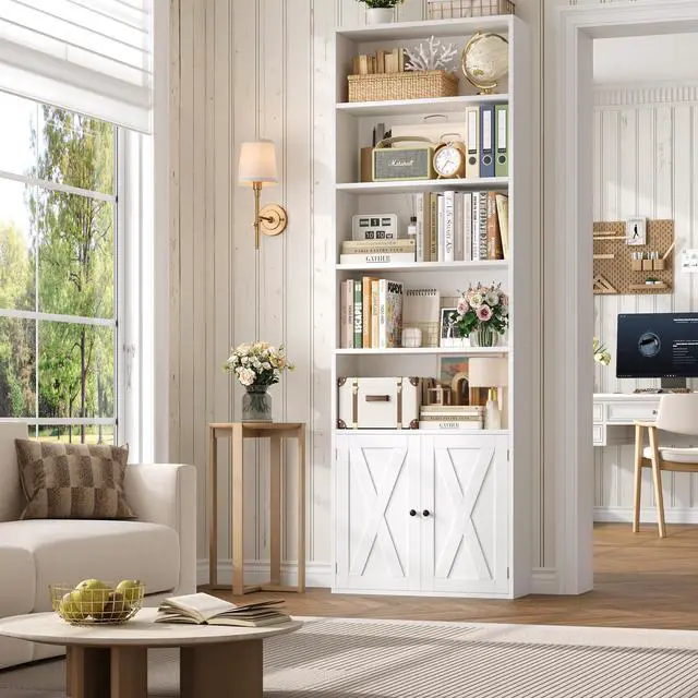 Main image of 82" Tall Bookcase and Book Shelf, 24" Wide Bookshelf with Doors, 7 Tier Bookcase with Storage and Adjustable Shelf, Open and Display Farmhouse Bookshelf for Living Room, Home Office, White