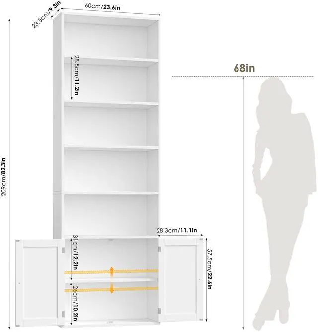 Alt view image 2 of 6 - 82" Tall Bookcase and Book Shelf, 24" Wide Bookshelf with Doors, 7 Tier Bookcase with Storage and Adjustable Shelf, Open and Display Farmhouse Bookshelf for Living Room, Home Office, White