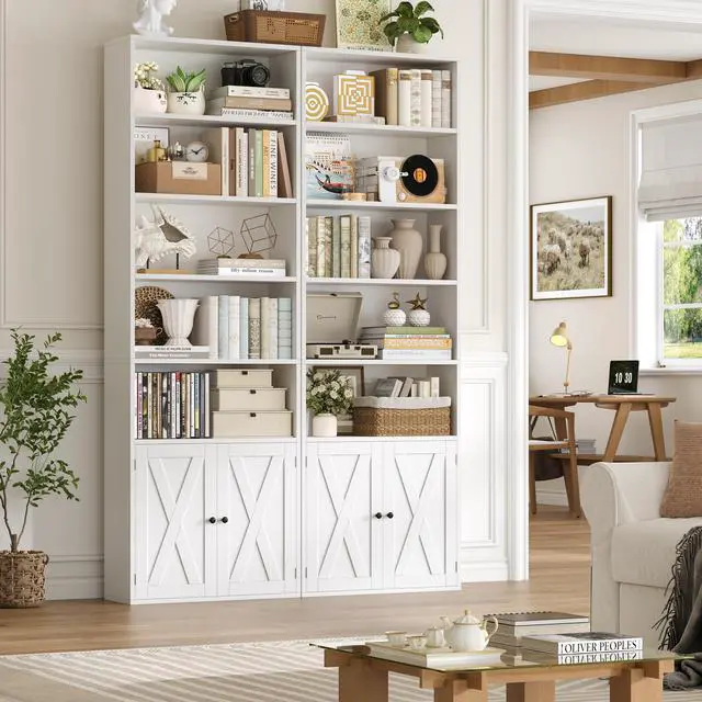 Alt view image 3 of 6 - 82" Tall Bookcase and Book Shelf, 24" Wide Bookshelf with Doors, 7 Tier Bookcase with Storage and Adjustable Shelf, Open and Display Farmhouse Bookshelf for Living Room, Home Office, White