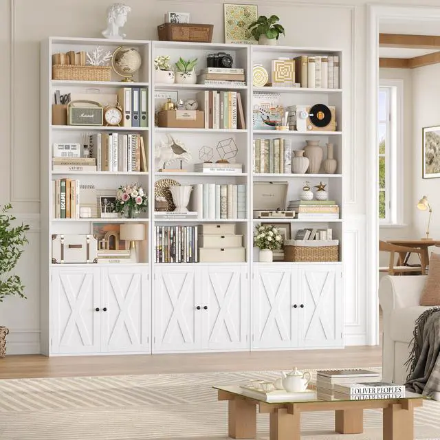 Alt view image 4 of 6 - 82" Tall Bookcase and Book Shelf, 24" Wide Bookshelf with Doors, 7 Tier Bookcase with Storage and Adjustable Shelf, Open and Display Farmhouse Bookshelf for Living Room, Home Office, White
