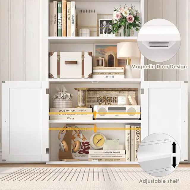 Alt view image 5 of 6 - 82" Tall Bookcase and Book Shelf, 24" Wide Bookshelf with Doors, 7 Tier Bookcase with Storage and Adjustable Shelf, Open and Display Farmhouse Bookshelf for Living Room, Home Office, White