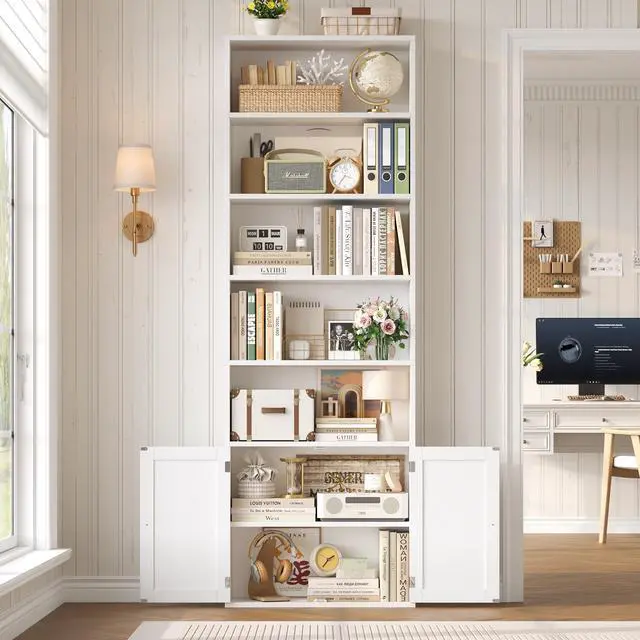 Alt view image 6 of 6 - 82" Tall Bookcase and Book Shelf, 24" Wide Bookshelf with Doors, 7 Tier Bookcase with Storage and Adjustable Shelf, Open and Display Farmhouse Bookshelf for Living Room, Home Office, White
