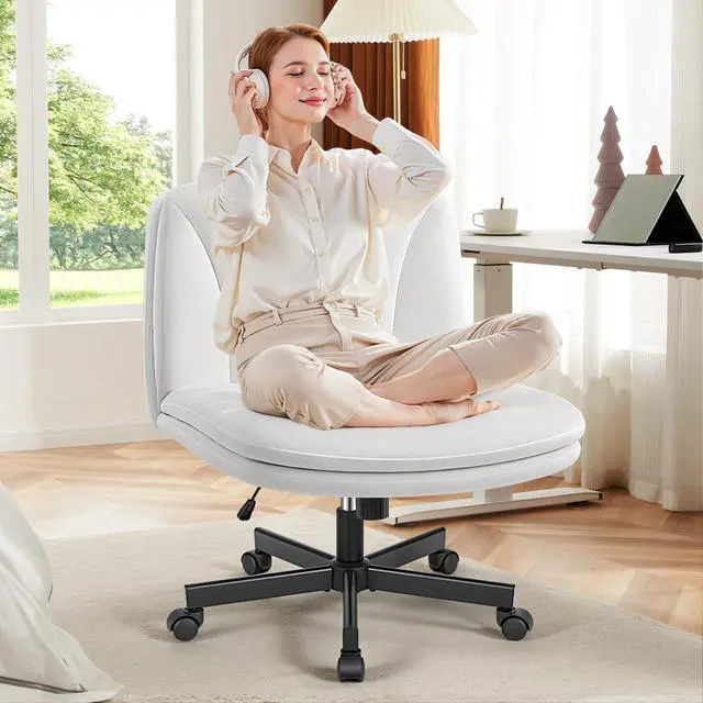 Main image of Criss Cross Chair with Wheels, Cross Legged Office Chair, Armless Wide Vanity Desk Chair with Comfty Velvet & Back - Swivel Height Ajustable for Home Office Bedroom, Pearl White Velvet