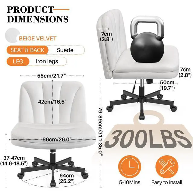 Alt view image 2 of 6 - Criss Cross Chair with Wheels, Cross Legged Office Chair, Armless Wide Vanity Desk Chair with Comfty Velvet & Back - Swivel Height Ajustable for Home Office Bedroom, Pearl White Velvet