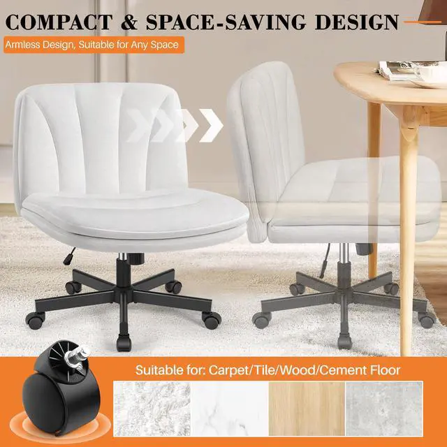 Alt view image 3 of 6 - Criss Cross Chair with Wheels, Cross Legged Office Chair, Armless Wide Vanity Desk Chair with Comfty Velvet & Back - Swivel Height Ajustable for Home Office Bedroom, Pearl White Velvet