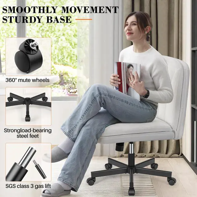 Alt view image 4 of 6 - Criss Cross Chair with Wheels, Cross Legged Office Chair, Armless Wide Vanity Desk Chair with Comfty Velvet & Back - Swivel Height Ajustable for Home Office Bedroom, Pearl White Velvet