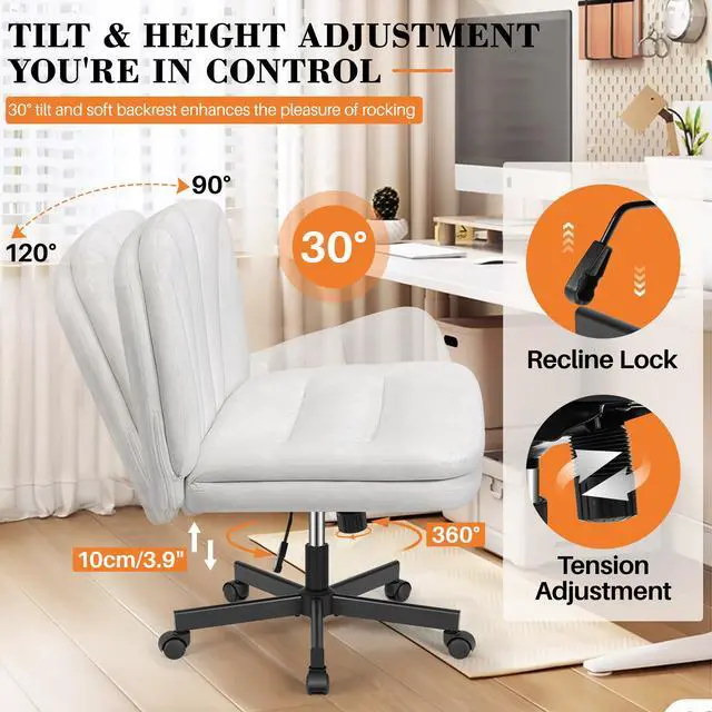 Alt view image 5 of 6 - Criss Cross Chair with Wheels, Cross Legged Office Chair, Armless Wide Vanity Desk Chair with Comfty Velvet & Back - Swivel Height Ajustable for Home Office Bedroom, Pearl White Velvet