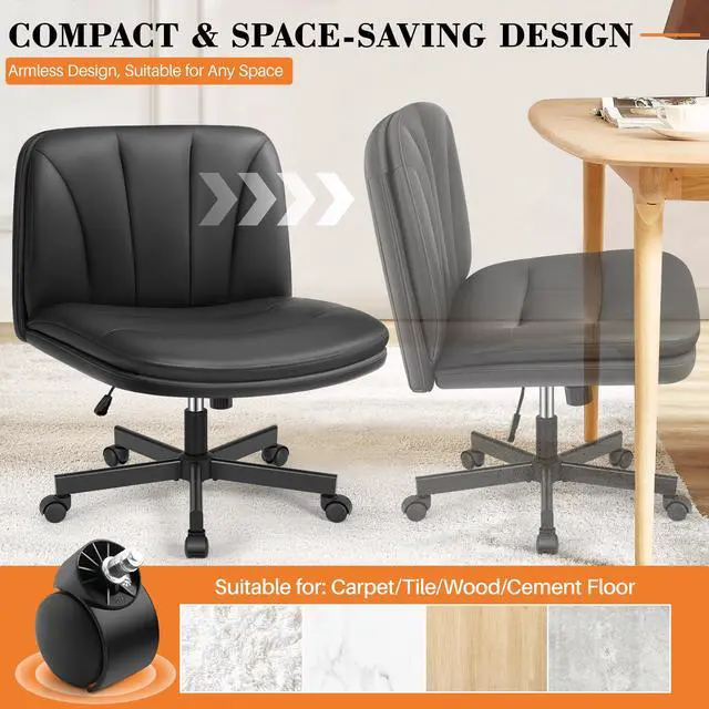 Alt view image 3 of 6 - Criss Cross Chair with Wheels, Cross Legged Office Chair, Armless Wide Vanity Desk Chair with 2 Layer Comfty Velvet & Back - Swivel for Home Office Bedroom, Dark Black