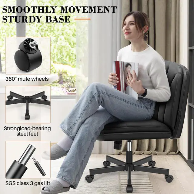 Alt view image 4 of 6 - Criss Cross Chair with Wheels, Cross Legged Office Chair, Armless Wide Vanity Desk Chair with 2 Layer Comfty Velvet & Back - Swivel for Home Office Bedroom, Dark Black
