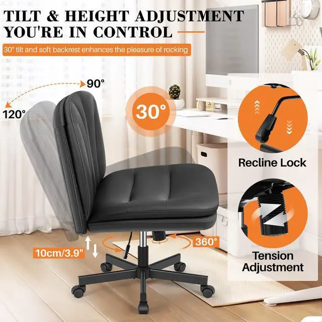 Alt view image 5 of 6 - Criss Cross Chair with Wheels, Cross Legged Office Chair, Armless Wide Vanity Desk Chair with 2 Layer Comfty Velvet & Back - Swivel for Home Office Bedroom, Dark Black