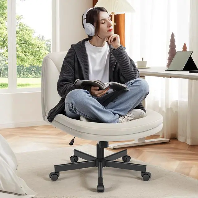 Main image of Criss Cross Chair with Wheels, Cross Legged Office Chair, Armless Wide Vanity Desk Chair with Comfty PU Leather & Back - Swivel Height Ajustable for Home Office Bedroom, Pearl White