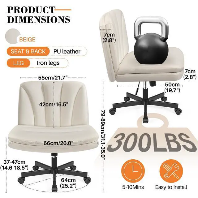 Alt view image 2 of 6 - Criss Cross Chair with Wheels, Cross Legged Office Chair, Armless Wide Vanity Desk Chair with Comfty PU Leather & Back - Swivel Height Ajustable for Home Office Bedroom, Pearl White