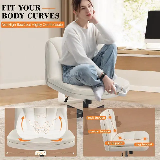 Alt view image 3 of 6 - Criss Cross Chair with Wheels, Cross Legged Office Chair, Armless Wide Vanity Desk Chair with Comfty PU Leather & Back - Swivel Height Ajustable for Home Office Bedroom, Pearl White