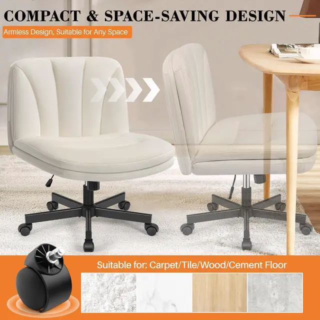 Alt view image 4 of 6 - Criss Cross Chair with Wheels, Cross Legged Office Chair, Armless Wide Vanity Desk Chair with Comfty PU Leather & Back - Swivel Height Ajustable for Home Office Bedroom, Pearl White