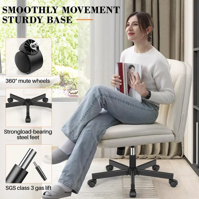 Alt view image 5 of 6 - Criss Cross Chair with Wheels, Cross Legged Office Chair, Armless Wide Vanity Desk Chair with Comfty PU Leather & Back - Swivel Height Ajustable for Home Office Bedroom, Pearl White