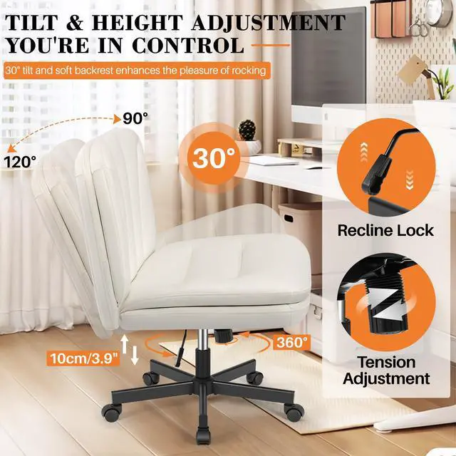 Alt view image 6 of 6 - Criss Cross Chair with Wheels, Cross Legged Office Chair, Armless Wide Vanity Desk Chair with Comfty PU Leather & Back - Swivel Height Ajustable for Home Office Bedroom, Pearl White