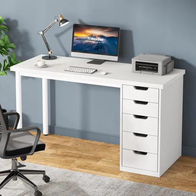 Main image of Computer Desk with 5 Drawers, 47 inches Rustic Brown Home Office Desk with Storage, Modern Simple Laptop Desk Study Writing Table for Small Spaces (1, White)