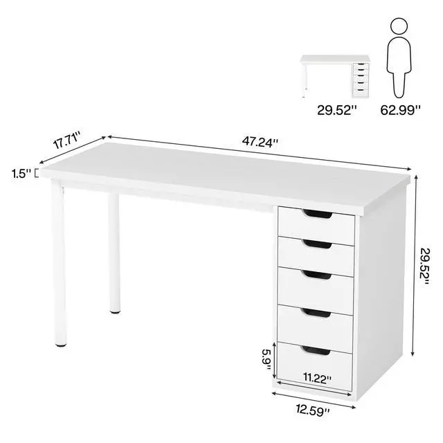 Alt view image 2 of 6 - Computer Desk with 5 Drawers, 47 inches Rustic Brown Home Office Desk with Storage, Modern Simple Laptop Desk Study Writing Table for Small Spaces (1, White)