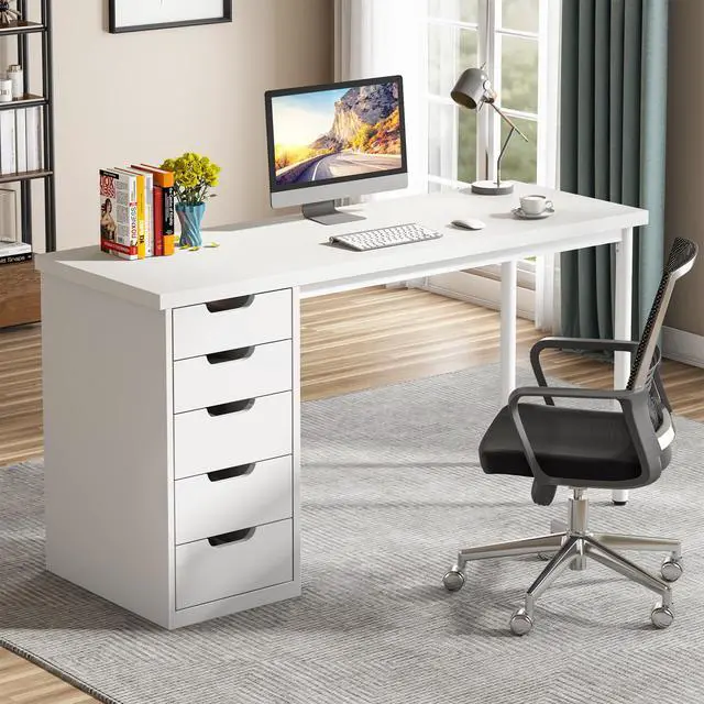 Alt view image 3 of 6 - Computer Desk with 5 Drawers, 47 inches Rustic Brown Home Office Desk with Storage, Modern Simple Laptop Desk Study Writing Table for Small Spaces (1, White)