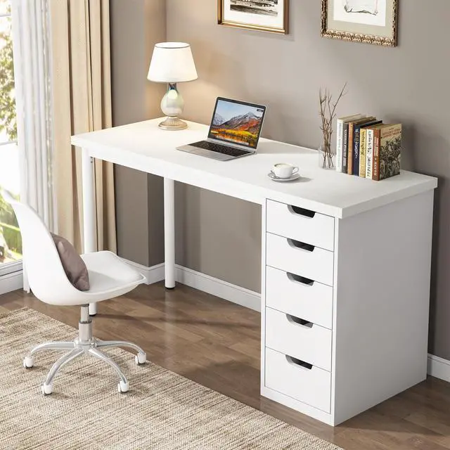 Alt view image 4 of 6 - Computer Desk with 5 Drawers, 47 inches Rustic Brown Home Office Desk with Storage, Modern Simple Laptop Desk Study Writing Table for Small Spaces (1, White)