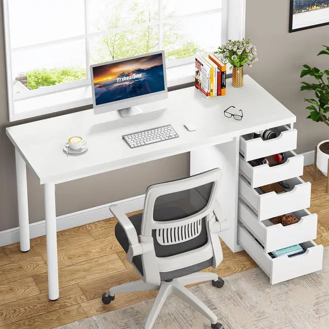 Alt view image 5 of 6 - Computer Desk with 5 Drawers, 47 inches Rustic Brown Home Office Desk with Storage, Modern Simple Laptop Desk Study Writing Table for Small Spaces (1, White)