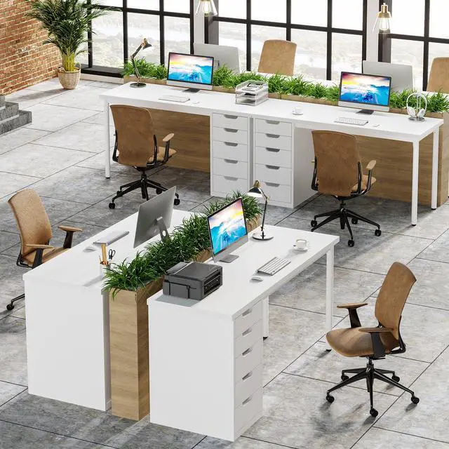 Alt view image 6 of 6 - Computer Desk with 5 Drawers, 47 inches Rustic Brown Home Office Desk with Storage, Modern Simple Laptop Desk Study Writing Table for Small Spaces (1, White)