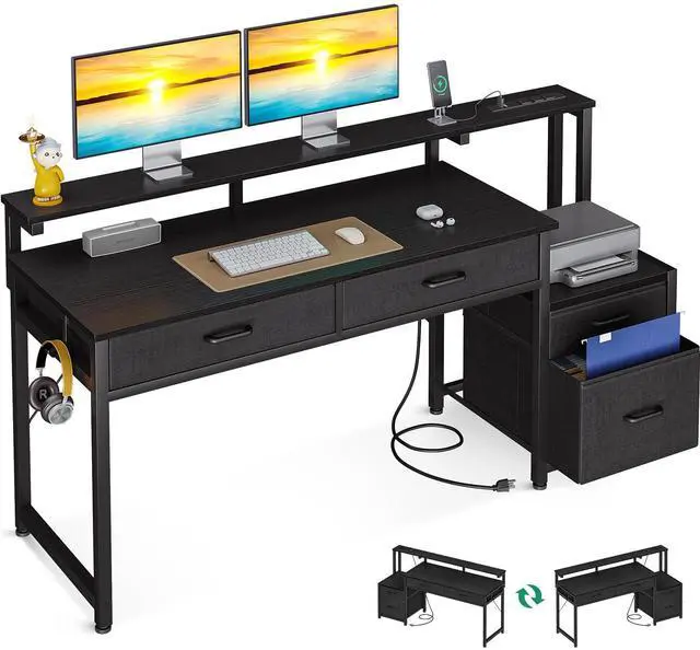 Main image of Computer Desk with 4 Drawers, 55 Inch Office Desk with Printer Shelf & Built-in Power Outlet, Work Desk with Monitor Shelf for Home Small Spaces, Black