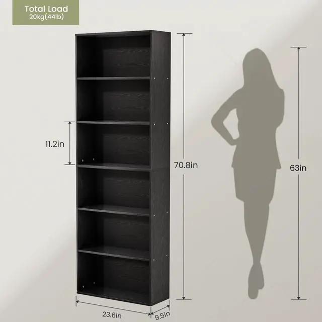Alt view image 2 of 6 - 71" Tall 6-Tier Bookshelf, Large Open Display Bookcase with Ample Storage, Floor Standing Book Shelf for Living Room, Home Office, Bed Room, Black