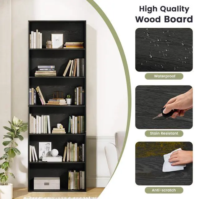 Alt view image 5 of 6 - 71" Tall 6-Tier Bookshelf, Large Open Display Bookcase with Ample Storage, Floor Standing Book Shelf for Living Room, Home Office, Bed Room, Black