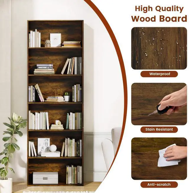 Alt view image 4 of 6 - 71" Tall 6-Tier Bookshelf, Large Open Display Bookcase with Ample Storage, Floor Standing Book Shelf for Living Room, Home Office, Bed Room, Brown