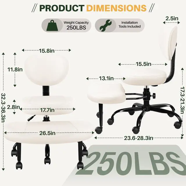 Alt view image 2 of 6 - Criss Cross Office Chair - ADHD Cross Legged Chair with Wheels - Adjustable Height Ergonomic Kneeling Desk Chairs for Meditation Yoga Home Office with Backrest, 360°Rotating Footrest -White