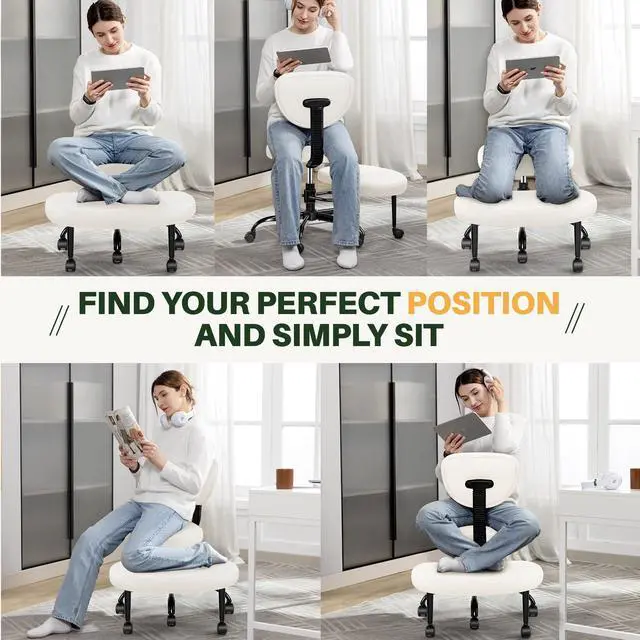 Alt view image 3 of 6 - Criss Cross Office Chair - ADHD Cross Legged Chair with Wheels - Adjustable Height Ergonomic Kneeling Desk Chairs for Meditation Yoga Home Office with Backrest, 360°Rotating Footrest -White