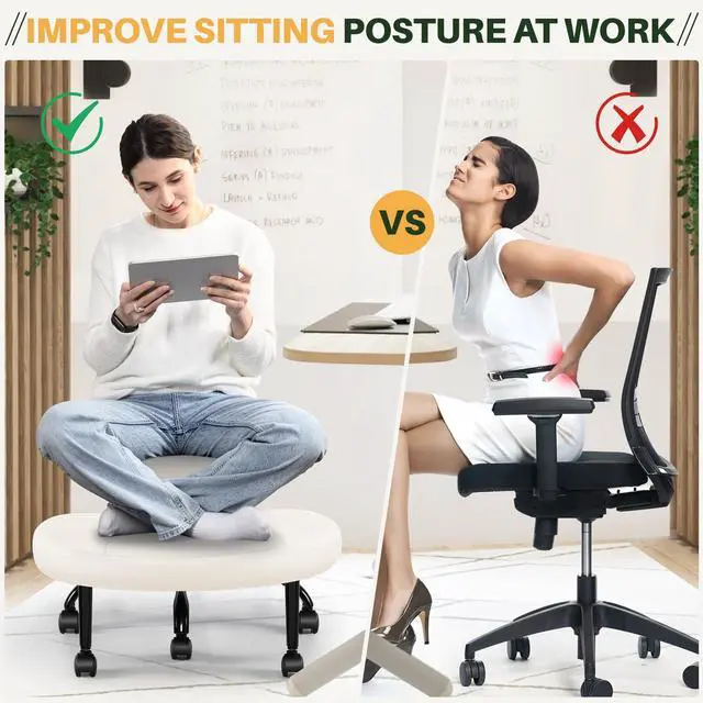 Alt view image 4 of 6 - Criss Cross Office Chair - ADHD Cross Legged Chair with Wheels - Adjustable Height Ergonomic Kneeling Desk Chairs for Meditation Yoga Home Office with Backrest, 360°Rotating Footrest -White