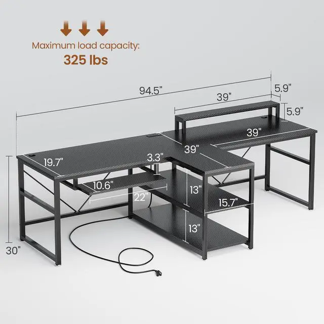 Alt view image 2 of 6 - 94.5" Gaming Computer Desk, 2 Person Office Desk with Storage, LED Lights, Power Strip, Long Desks with Keyboard Tray & Monitor Stand for Home Office, Carbon Fiber Black