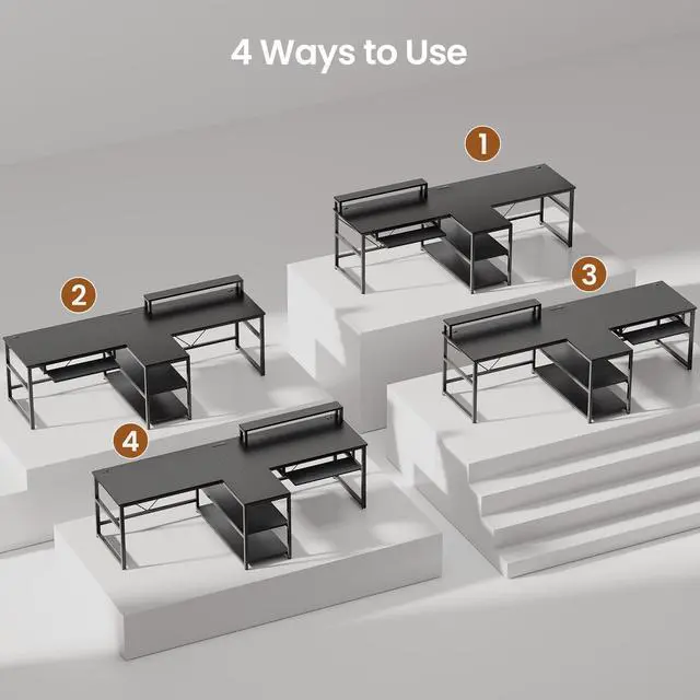 Alt view image 5 of 6 - 94.5" Gaming Computer Desk, 2 Person Office Desk with Storage, LED Lights, Power Strip, Long Desks with Keyboard Tray & Monitor Stand for Home Office, Carbon Fiber Black