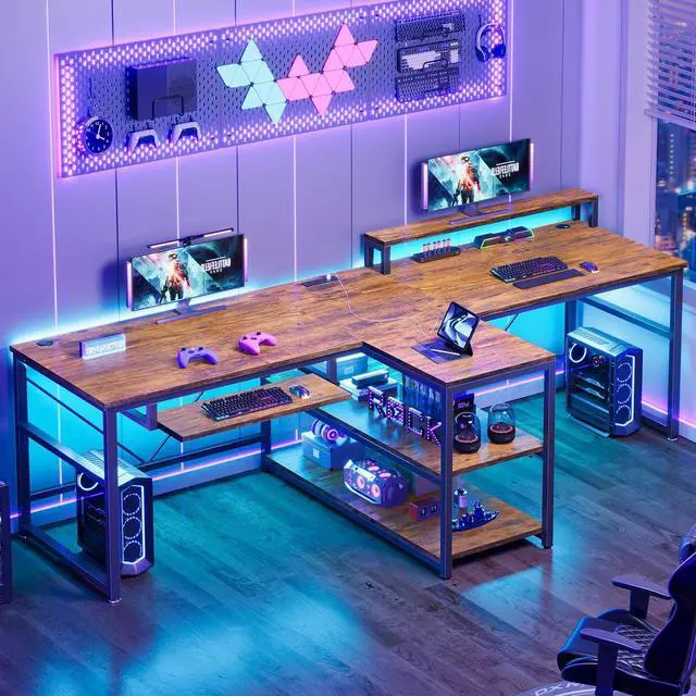 Main image of 94.5" Home Office Desks, Computer Gaming Desk with Storage, LED Lights, Power Strip with USB, Keyboard Tray & Monitor Stand, Extra Long Double Desk for 2 Person, Rustic Brown