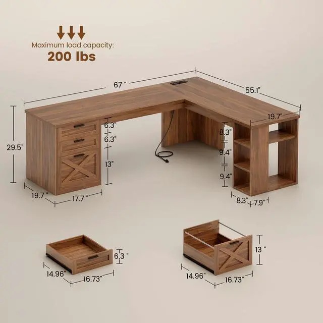 Alt view image 2 of 6 - 67" Farmhouse L Shaped Desk with 3 Drawers, Executive Home Office Desks with Storage Shelves, Corner Computer Desk with Power Outlets for Home Office, Brown
